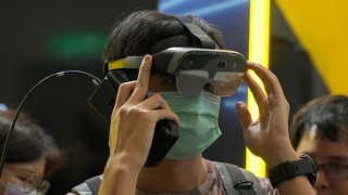 A person seen using an AR Headset at NVIDIA booth at COMPUTEX 2023 in Taipei.