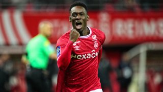 Folarin Balogun of Stade de Reims celebrates after scoring his team’s first goal during the Ligue 1 Uber Eats match between Reims and Rennes at Stade Auguste Delaune on Dec. 29, 2022 in Reims, France.