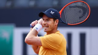 Andy Murray of Great Britain plays a backhand against Fabio Fognini of Italy during the Men’s Singles First Round match on Day Three of the Internazionali BNL D’Italia 2023 at Foro Italico on May 10, 2023 in Rome, Italy.