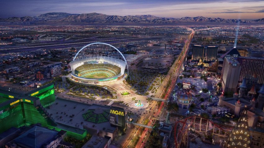 Renderings of a proposed ballpark in Las Vegas for the Athletics.