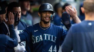 SEATTLE, WA – MAY 22: Julio Rodriguez #44 of the Seattle Mariners celebrates scoring on a single by Jarred Kelenic off starting pitcher Kyle Muller of the Oakland Athletics in the fifth inning at T-Mobile Park on May 22, 2023 in Seattle, Washington. (Photo by Stephen Brashear/Getty Images)