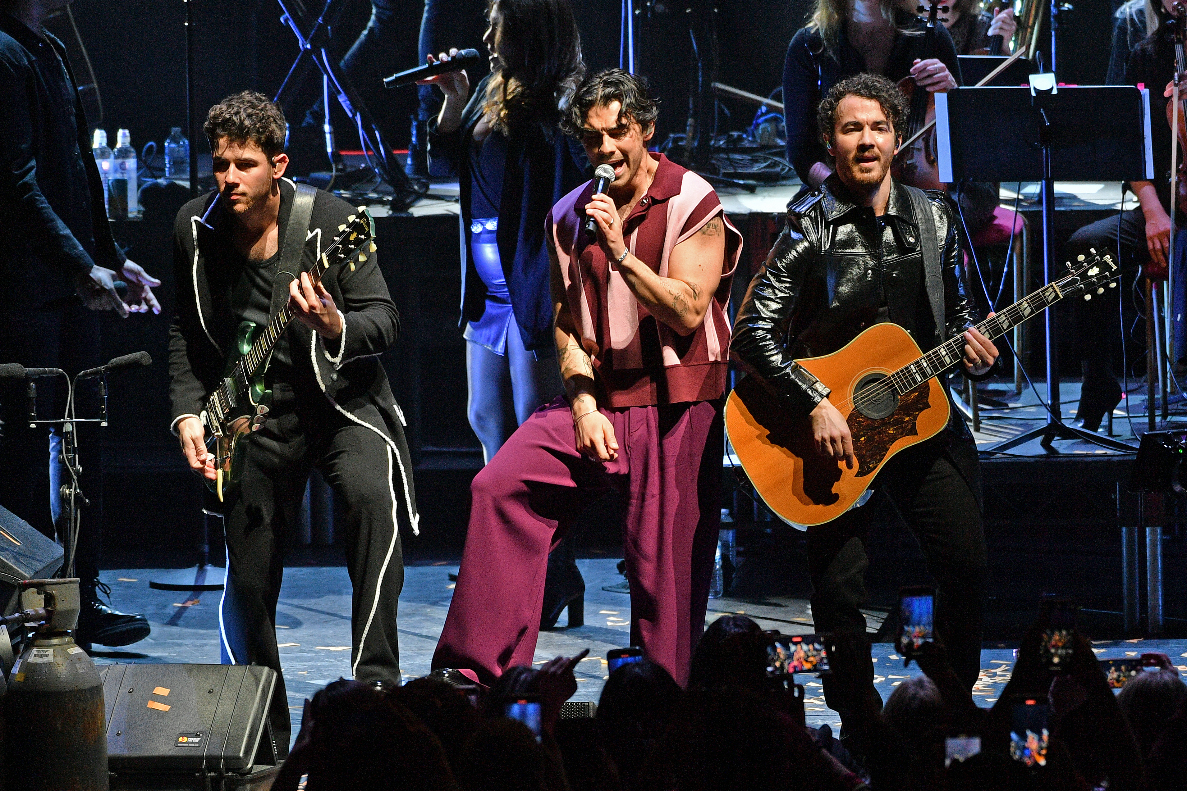 Nick Jonas, Joe Jonas and Kevin Jonas of Jonas Brothers perform at Royal Albert Hall, April 14, 2023, in London.