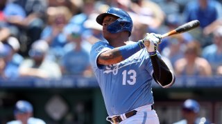 Salvador Perez #13 of the Kansas City Royals hits a home run during the 1st inning of the game against the Oakland Athletics at Kauffman Stadium on May 07, 2023 in Kansas City, Missouri. (Photo by Jamie Squire/Getty Images)