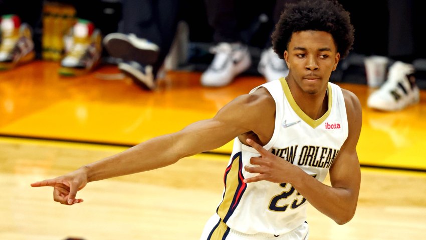 Apr 19, 2022; Phoenix, Arizona, USA; New Orleans Pelicans guard Trey Murphy III (25) reacts after a play during the third quarter against the Phoenix Suns during game two of the first round for the 2022 NBA playoffs at Footprint Center. Mandatory Credit: Mark J. Rebilas-USA TODAY Sports