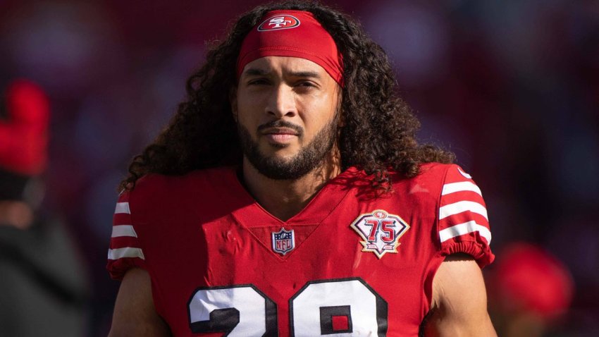 Dec 19, 2021; Santa Clara, California, USA; San Francisco 49ers safety Talanoa Hufanga (29) during warmups before the start of the game against the Atlanta Falcons at Levi’s Stadium. Mandatory Credit: Stan Szeto-USA TODAY Sports