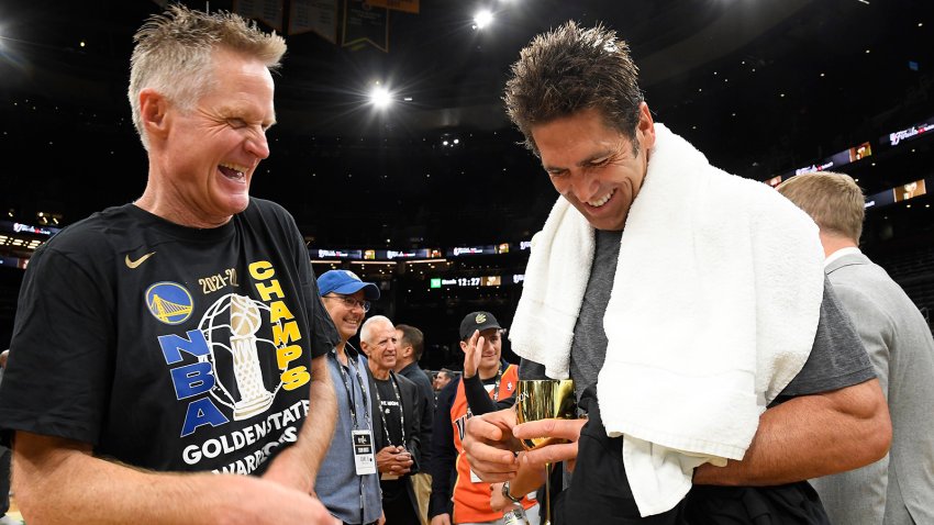 BOSTON, MA – JUNE 16: Head Coach Steve Kerr of the Golden State Warriors talks with President of Basketball Operations, Bob Myers after Game Six of the 2022 NBA Finals on June 16, 2022 at TD Garden in Boston, Massachusetts. NOTE TO USER: User expressly acknowledges and agrees that, by downloading and or using this photograph, user is consenting to the terms and conditions of Getty Images License Agreement. Mandatory Copyright Notice: Copyright 2022 NBAE (Photo by Brian Babineau/NBAE via Getty Images)