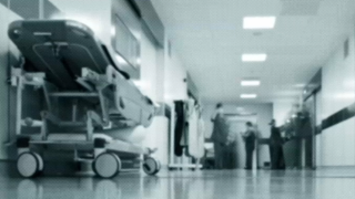 This edited photo shows a hospital hallway.