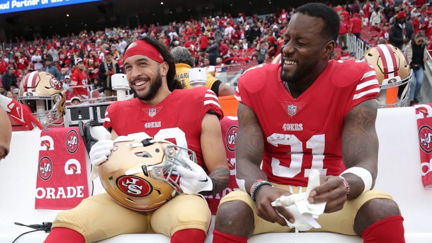 SANTA CLARA, CA – JANUARY 8: Talanoa Hufanga #29 and Tashaun Gipson Sr. #31 of the San Francisco 49ers on the sidelines during the game against the Arizona Cardinals at Levi’s Stadium on January 8, 2023 in Santa Clara, California. The 49ers defeated the Cardinals 38-13. (Photo by Michael Zagaris/San Francisco 49ers/Getty Images)