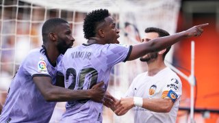 Vinicius Junior of Real Madrid reacts during the LaLiga Santander match between Valencia CF and Real Madrid CF at Estadio Mestalla on May 21, 2023 in Valencia, Spain.