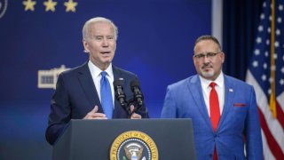 The Senate voted to repeal President Joe Biden’s student loan forgiveness plan on June 1, 2023. Biden —pictured here with U.S. Secretary of Education Miguel Cardona in October — is expected to veto the bill.