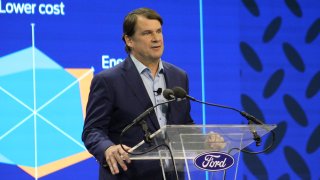 Ford CEO Jim Farley at a battery lab for the automaker in suburban Detroit, announcing a new $3.5 billion electric vehicle battery plant in the state to produce lithium iron phosphate batteries, Feb. 13, 2023.