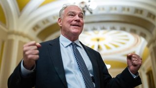 Sen. Tim Kaine, D-Va., talks with reporters in the U.S. Capitol as the Senate works on the debt limit bill on Thursday, June 1, 2023.