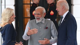 US President Joe Biden and First Lady Jill Biden greet India’s Prime Minister Narendra Modi as he arrives at the South Portico of the White House in Washington, DC. Modi is at the White House for a private dinner hosted by US President Joe Biden.
