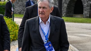 Jerome Powell, Chair of the Federal Reserve of the United States, is followed by security guards while arriving to participate in the morning session during of the second day of the 2023 European Central Bank Forum on Central Banking on June 27, 2023, in Sintra, Portugal.