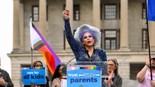 Drag artist Vidalia Anne Gentry speaks during a news conference held by the Human Rights Campaign to draw attention to anti-drag bills in the Tennessee legislature, Tuesday, Feb. 14, 2023 in Nashville, Tenn.