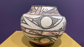 A jar made in 1865 in the Zuni Pueblo is displayed at the Shelburne Museum in Shelburne, Vt., Friday, June 21, 2023.