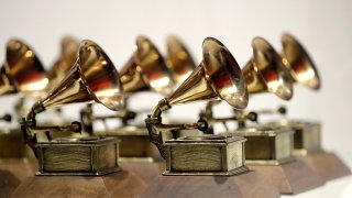 FILE - Grammy Awards are displayed at the Grammy Museum Experience at Prudential Center in Newark, N.J. on Oct. 10, 2017.