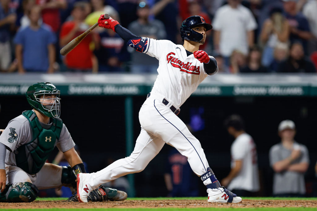 Jose Ramirez of the Cleveland Guardians hits a one-run triple off News  Photo - Getty Images