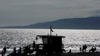 The ocean shimmers off of Santa Monica Beach.