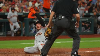 ST LOUIS, MISSOURI – JUNE 12: Patrick Bailey #14 of the San Francisco Giants scores the game-winning run in the eighth inning against the St. Louis Cardinals at Busch Stadium on June 12, 2023 in St Louis, Missouri. (Photo by Dilip Vishwanat/Getty Images)