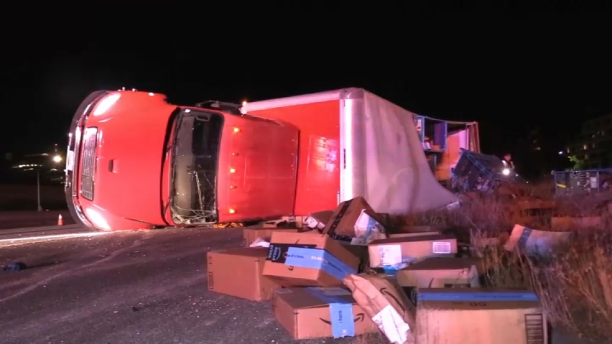 Amazon big-rig overturns, spills packages on Highway 92 in Foster City ...
