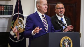U.S. President Joe Biden, joined by Education Secretary Miguel Cardona, speaks on student loan debt in the Roosevelt Room of the White House August 24, 2022 in Washington, DC.