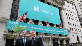 Thibaut Mongon, CEO and Paul Ruh CFO of Kenvue Inc. a Johnson & Johnson’s consumer-health business, pose together during the company’s IPO at the New York Stock Exchange (NYSE) in New York City, U.S., May 4, 2023.