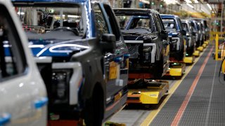 Ford Motor Company’s electric F-150 Lightning on the production line at their Rouge Electric Vehicle Center in Dearborn, Michigan on September 8, 2022.