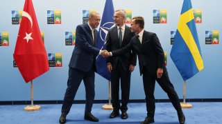 Turkish President Recep Tayyip Erdogan meets The North Atlantic Treaty Organization (NATO) Secretary General Jens Stoltenberg and Swedish Prime Minister Ulf Kristersson within the NATO Vilnius Summit in Vilnius, Lithuania on July 10, 2023.