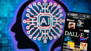 OpenAI Dall E 2 on a phone with an AI brain illustration seen on the screen behind.