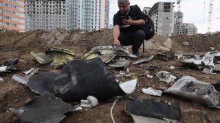 Fragments of a missile shot down during a night strike in Odesa on July 19, 2023.