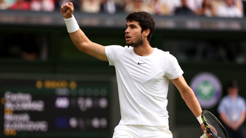 Carlos Alcaraz of Spain celebrates during the Men’s Singles Final against Novak Djokovic of Serbia on day fourteen of The Championships Wimbledon 2023 at All England Lawn Tennis and Croquet Club on July 16, 2023 in London, England.