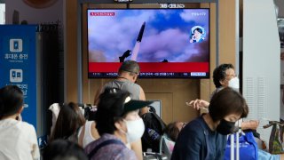 A TV screen shows an image of North Korea’s missile launch during a news program at the Seoul Railway Station in Seoul, South Korea, Wednesday, July 12, 2023. North Korea launched a ballistic missile toward its eastern waters Wednesday, its neighbors said, two days after the North threatened “shocking” consequences to protest what it called a provocative U.S. reconnaissance activity near its territory.