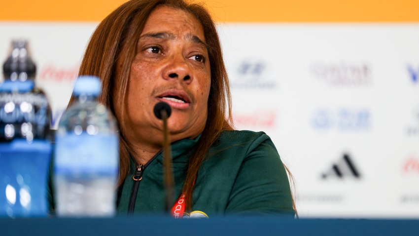 South Africa’s coach Desiree Ellis speaks at a press conference ahead of their game against Sweden at the Women’s World Cup in Wellington, New Zealand, Saturday, July 22, 2023. South Africa and Sweden play their opening match here Sunday July 23.