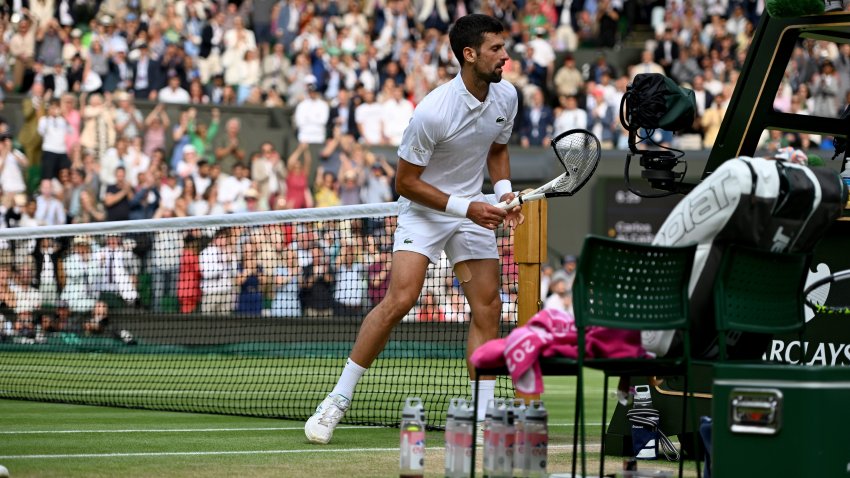 LONDON, ENGLAND – JULY 16: Novak Djokovic of Serbia’s smashed racket during the Men’s Singles Final against Carlos Alcaraz of Spain on day fourteen of The Championships Wimbledon 2023 at All England Lawn Tennis and Croquet Club on July 16, 2023 in London, England. (Photo by Stringer/Anadolu Agency via Getty Images)