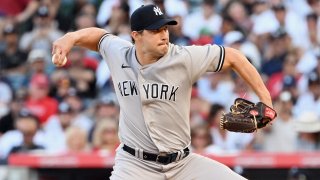 New York Yankees pitcher Tommy Kahnle (41) pitching during an MLB baseball game against the Los Angeles Angels played on July 19, 2023 at Angel Stadium in Anaheim, CA.