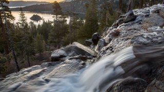The sun rises over Lake Tahoe, Emerald Bay, and Eagle Falls.