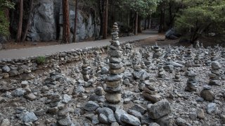A large field of stacked rocks in Yosemite National Park.