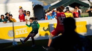 Mexico and Denmark play at the Homeless World Cup, Tuesday, July 11, 2023, in Sacramento, Calif.
