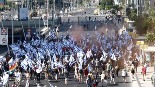 Protesters march during a ‘Day of Resistance’ demonstration against judicial reform in Tel Aviv, Israel, on Tuesday, July 18, 2023.