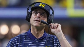 Head coach Jim Harbaugh of the Michigan Wolverines is seen during the Big Ten Championship against the Purdue Boilermakers at Lucas Oil Stadium on December 3, 2022 in Indianapolis, Indiana.