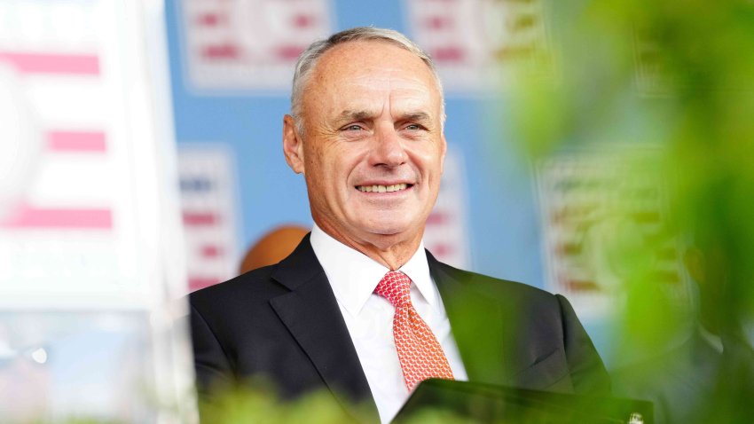 Commissioner of Major League Baseball Robert D. Manfred Jr. speaks during the 2023 Hall of Fame Induction Ceremony at Clark Sports Center on Sunday, July 23, 2023 in Cooperstown, New York.