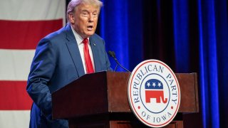 Former US president and 2024 Republican Presidential hopeful Donald Trump arrives to speak at the Republican Party of Iowa’s 2023 Lincoln Dinner at the Iowa Events Center in Des Moines, Iowa, on July 28, 2023. 