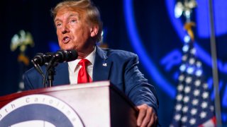 Former President Donald Trump speaks as the keynote speaker at the 56th Annual Silver Elephant Dinner hosted by the South Carolina Republican Party on August 5, 2023 in Columbia, South Carolina.