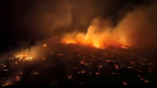 An aerial view of a wildfire in Kihei, Maui County, Hawaii, U.S., August 8, 2023 in this screen grab obtained from a social media video.