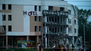 A hotel shows damage caused by a Russian missile attack on Zaporizhzhia, southeastern Ukraine.