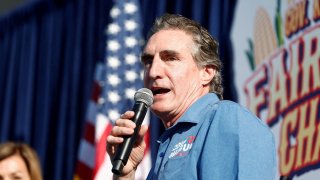 Republican U.S. presidential candidate and North Dakota Governor Doug Burgum speaks during Fair-Side Chat with Governor of Iowa Kim Reynolds (not pictured), at the Iowa State Fair in Des Moines, Iowa, August 11, 2023.