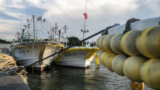 Fisherman Haruo Ono’s fishing boats are pictured at Tsurushihama Fishing Port, Shinchi-machi of Fukushima Prefecture, some 60 kms north of the wrecked Fukushima Daiichi nuclear plant on August 21, 2023.