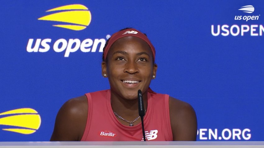 Coco Gauff at a press conference.