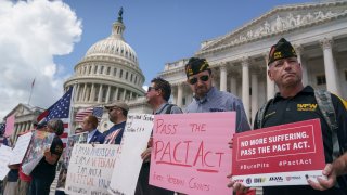 Veterans, military family members and advocates call for Senate Republicans to change their votes on a bill designed to help millions of veterans exposed to toxic substances during their military service, on the steps of the Capitol